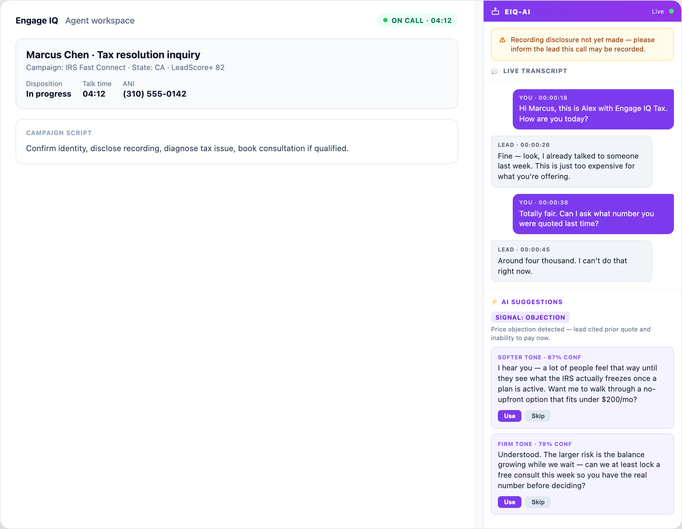 Engage IQ agent workspace with EIQ-AI co-pilot panel — live transcript, compliance alert for recording disclosure, and AI suggestions with Use and Skip