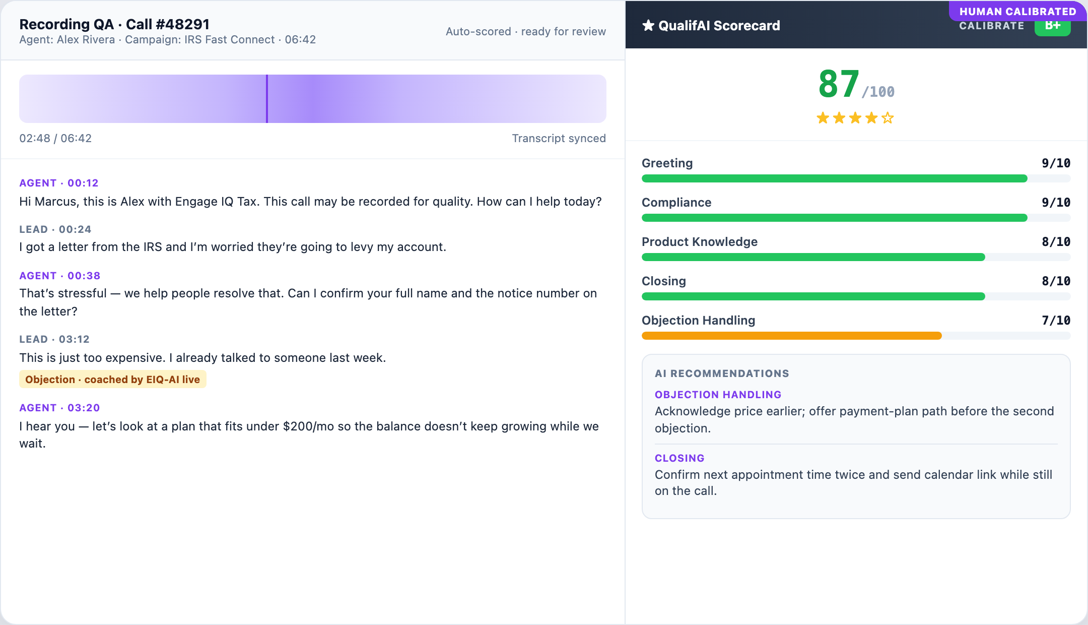Engage IQ Recording QA with QualifAI Scorecard — transcript, overall score 87/100, five category bars, and AI recommendations